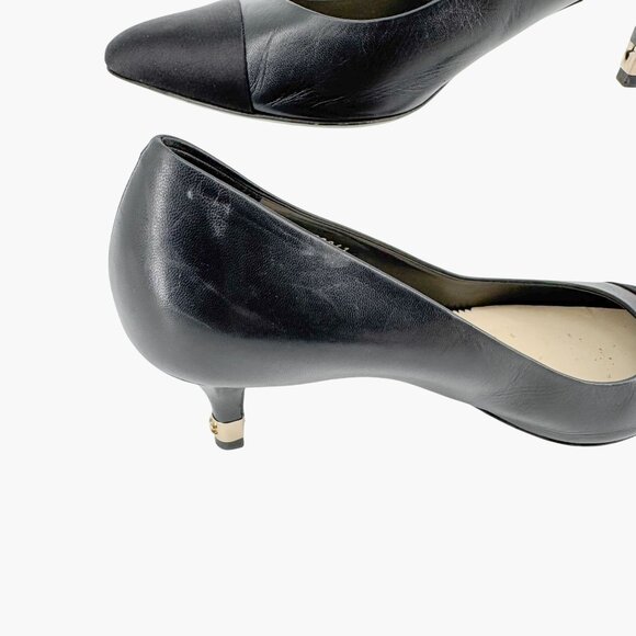 Chanel Cap Toe CC Kitten Pumps EU 38.5 US 7.5-8 Black Leather Pointed Low Heel - Picture 12 of 15